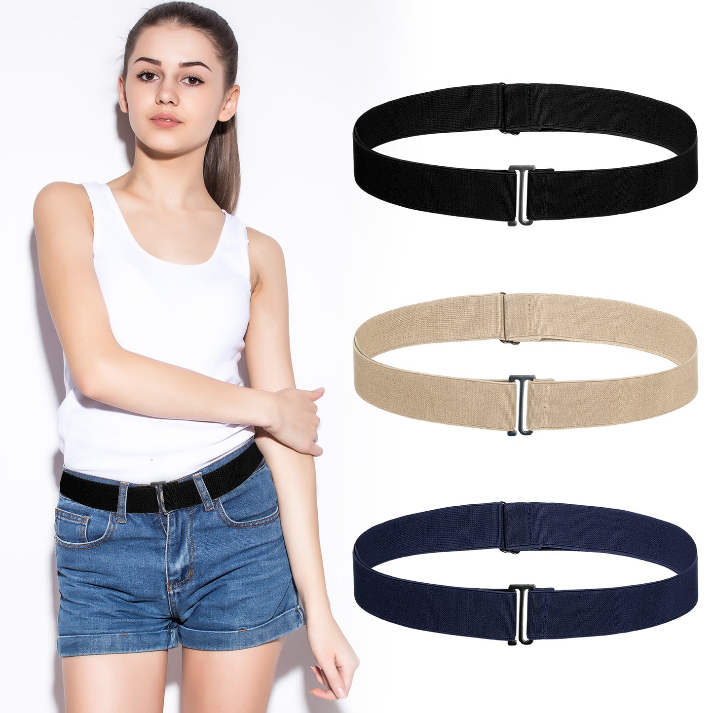 Sibba No Show Stretch Belt for Women 3 PCS Invisible Elastic Waist Belts with Flat Buckle Adjustable Stretchy Belt Women Stretch Waist Tightener Fashion Classic Strap Belts for Jeans Pants Dresses