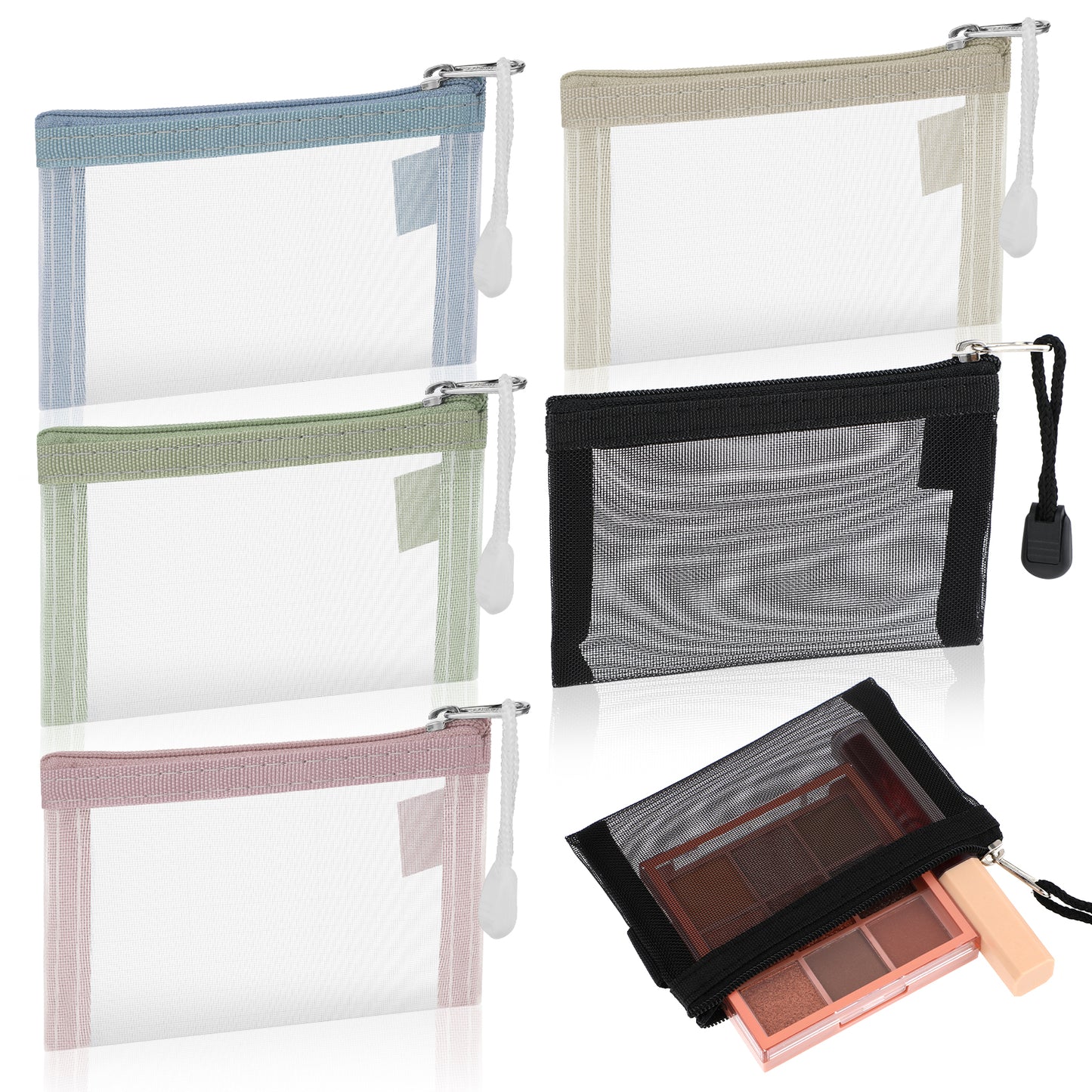 COMNICO Mini Zipper Mesh Bags, 5Pcs Nylon Makeup Organizer Portable Small Make Up Bags for Women Travel Cosmetic Bag Key Holder Coin Purse Card Holder for Lipstick Earphone Credit Car