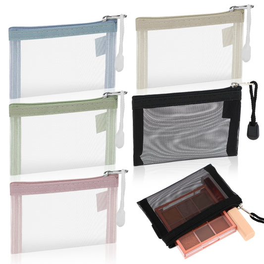 COMNICO Mini Zipper Mesh Bags, 5Pcs Nylon Makeup Organizer Portable Small Make Up Bags for Women Travel Cosmetic Bag Key Holder Coin Purse Card Holder for Lipstick Earphone Credit Car