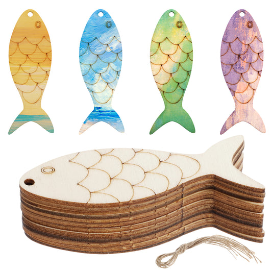 Wanmu 30Pcs Wood Fish Cutouts, Unfinished Blank Fish Shaped Wood Signs with Twine, Wooden Hanging Ornaments for Paint, DIY Crafts, Party Decoration
