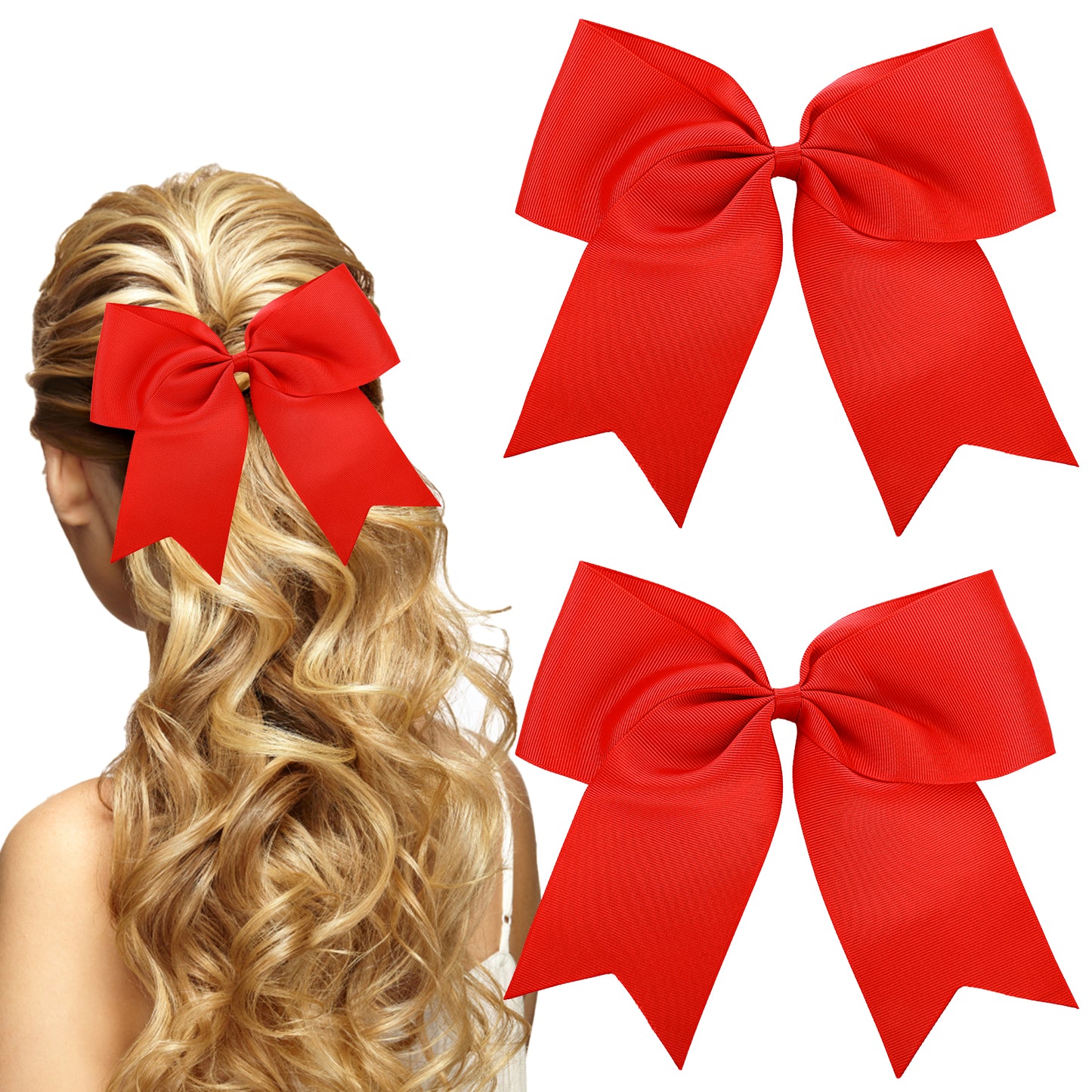 Wanmu 2Pcs Hair Bows for Girls, 8 Inch Red Jumbo Bow With Tails, Big Bow Clips Accessories for Women, Cheerleading, Softball Teams, Halloween Costumes, Christmas Festivals and Birthdays