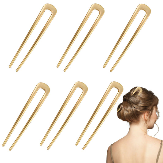 Wanmu 6Pcs U Shaped Hair Pins, Gold Metal French Style HairPins, Simple Vintage Hair Fork Sticks for Thick Hair, 2 Prong Updo Chignon Pin for Women Girls Hairstyle Accessories