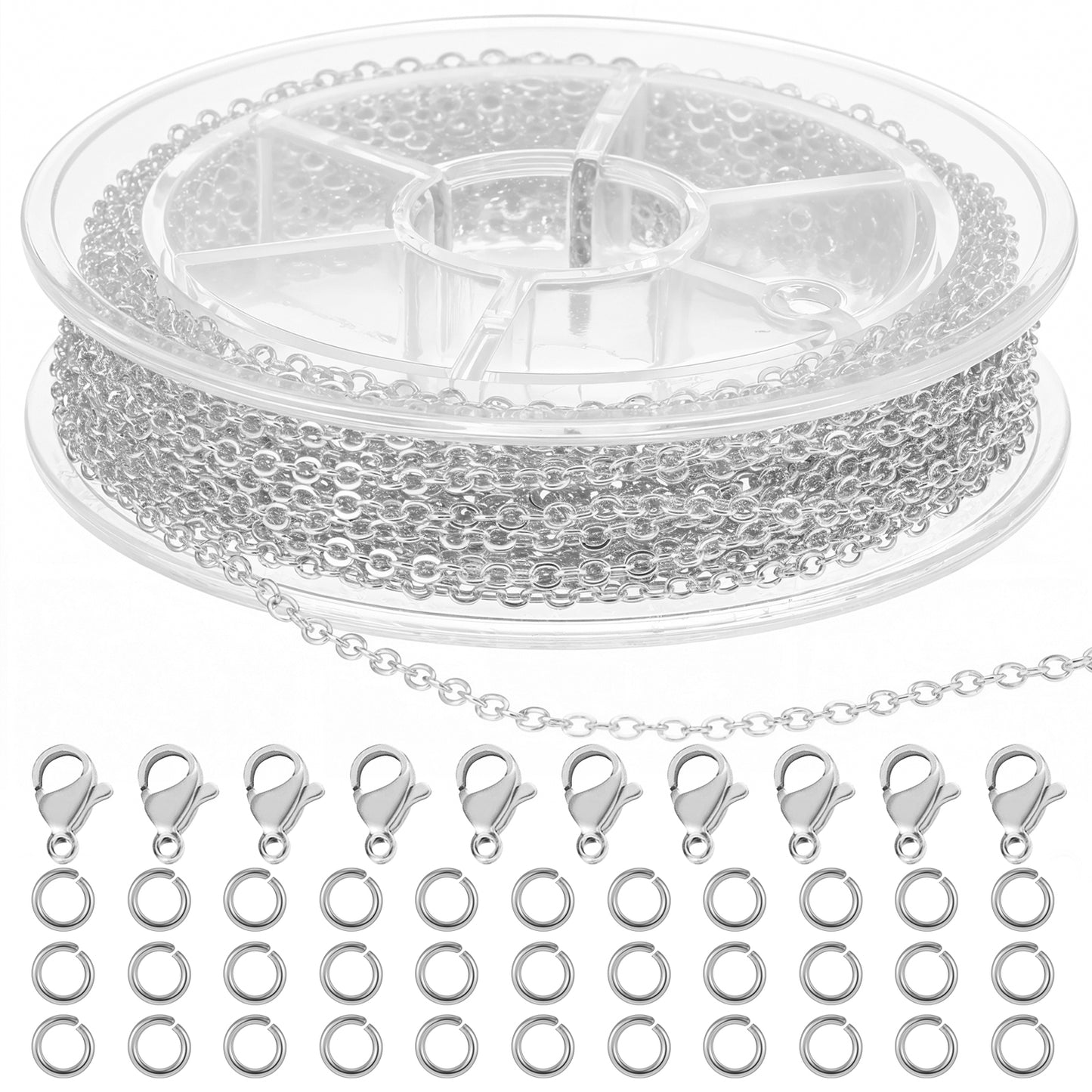 Wanmu 9.8Ft Stainless Steel Chain for Jewelry Making, 1.5mm Necklace Link Cable Chains Roll with 10 Lobster Clasps and 30 Open Jump Rings, Charm Bracelet Supplies for Men Women DIY Craft (White k)