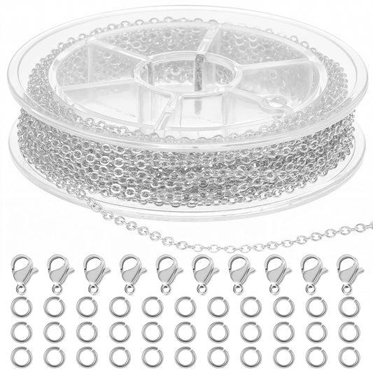 Wanmu 9.8Ft Stainless Steel Chain for Jewelry Making, 1.5mm Necklace Link Cable Chains Roll with 10 Lobster Clasps and 30 Open Jump Rings, Charm Bracelet Supplies for Men Women DIY Craft (White k)