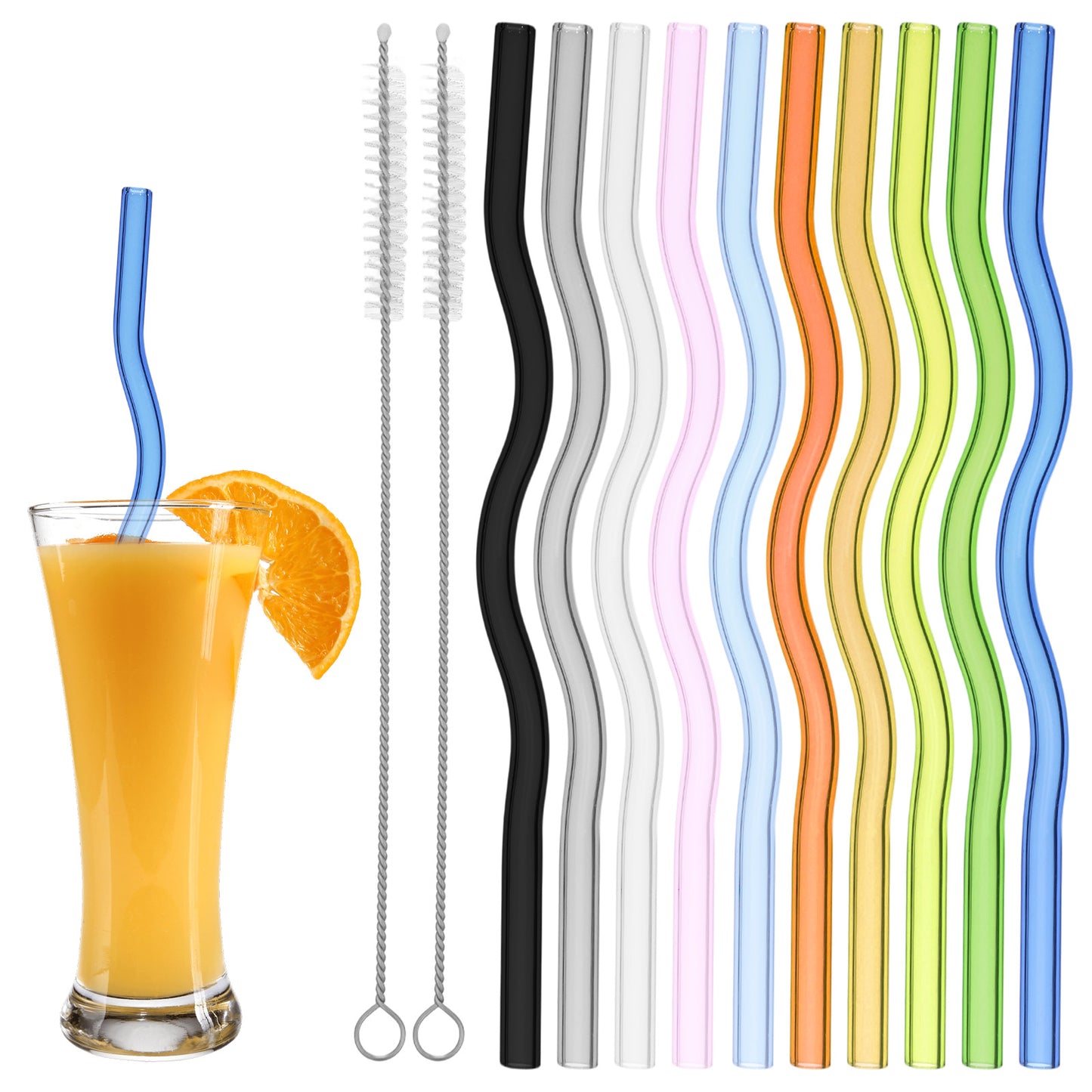 Hadnves 10 PCS Wavy Glass Straws 7.87"×8mm Colorful Reusable Glass Straws Cute Drinking Straw with 2 Cleaning Brush for Hot Cold Beverages Coffee Juice Cocktail Teas Wine Lemonades Milk