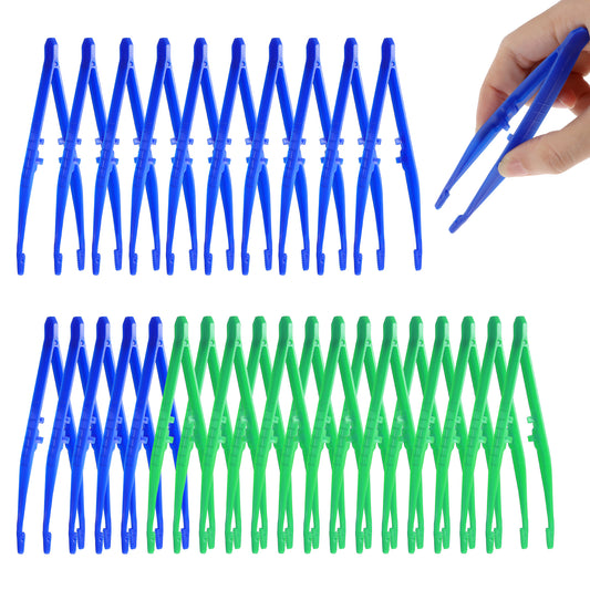 Sibba Plastic Tweezers 30 Pcs Disposable First Aid Pickup Grabbers Blue Lab Tweezers with Finger Ridges Serrated Tips Tweezer for Beading Projects Craft DIY Science Class