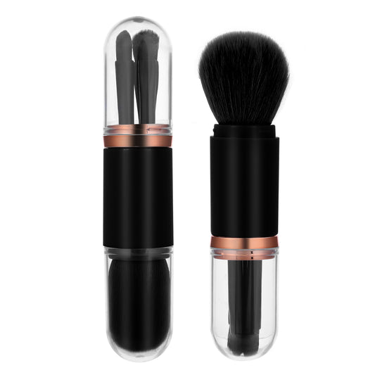 Sibba 4 in 1 Retractable Makeup Brush Set Portable Travel Mini Facial Cosmetic Brush, Highlight Brush, Eyeshadow Brush, Foundation Blending Powder Brush (Black)
