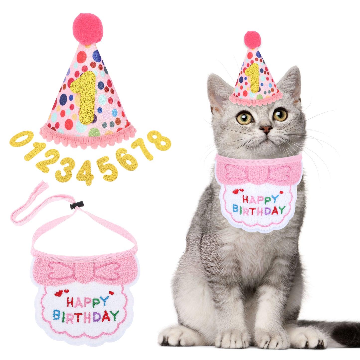 Wanmu Cat Birthday Party Supplies, Pink Cat Hat with Numbers and Bandana for Cats, Kittens, Pet, Apparel, Birthday Outfits Decorations