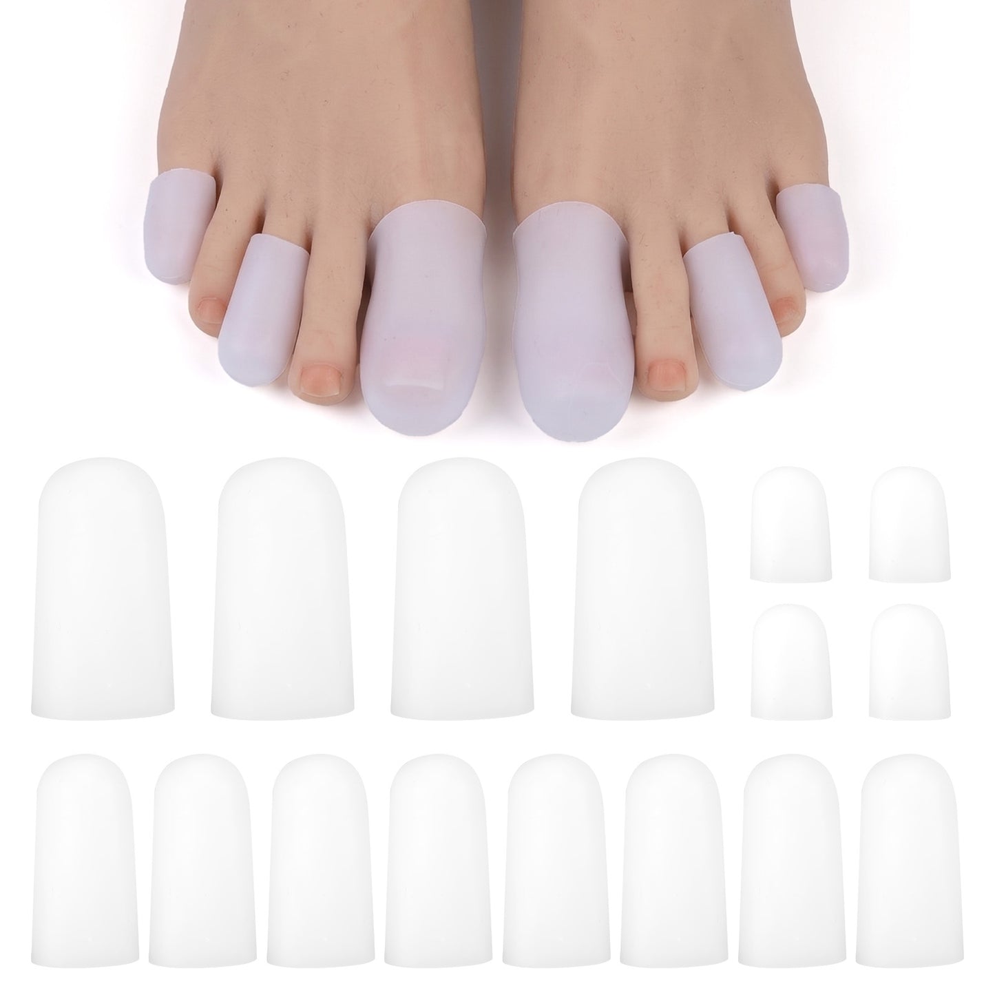 16 Pcs Toe Protectors Caps Silicone Toe Covers Gel Toe Cushions Toes Bandages Sleeves Reusable Clear Soft Toe Caps Elastic Toes Protectors for Toenails Thumb Wound Cracking Corns Women Men