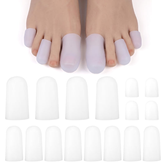 16 Pcs Toe Protectors Caps Silicone Toe Covers Gel Toe Cushions Toes Bandages Sleeves Reusable Clear Soft Toe Caps Elastic Toes Protectors for Toenails Thumb Wound Cracking Corns Women Men