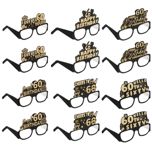 12 PCS 60th Birthday Paper Glasses Black Gold Eyeglasses Birthday Party Decoration Supplies Funny 60th Birthday Photo Props Vintage Birthday Costume Accessories for Men Women Fifty Years Old(60th)