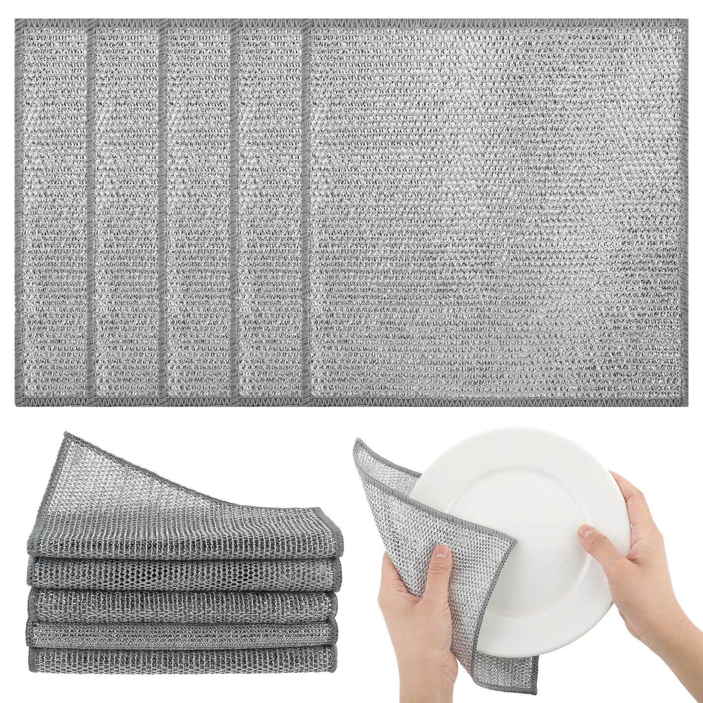 Dimeho 5 Pack Wire Dishwashing Rags Multifunctional Non-Scratch Wire Dishcloth for Wet and Dry Scrubbing Mesh Wire Dish Cloth Multipurpose for Cleaning Sinks Counters Stove Tops