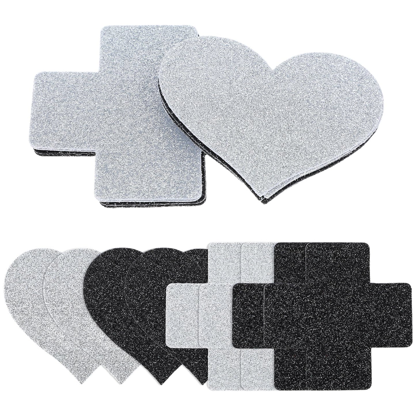 Sibba Nipple Petals Covers Heart 4 Pairs Breast Pasties Glitters Black Silver Silicone Single Mode Extra Patch Rave Bra Reusable Lingerie Accessories Coverings for Festivals, Raves, Parties