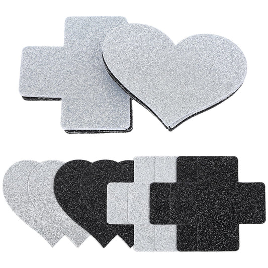 Sibba Nipple Petals Covers Heart 4 Pairs Breast Pasties Glitters Black Silver Silicone Single Mode Extra Patch Rave Bra Reusable Lingerie Accessories Coverings for Festivals, Raves, Parties