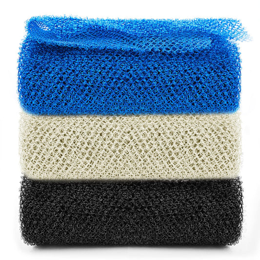 Sibba 3Pcs Net Bath Sponge, African Net Long Bath Net Sponge, Exfoliating Shower Body Scrubber, Elasticity Back Scrubber Skin Smoother for Daily Use