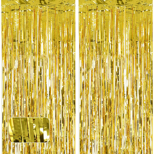 COMNICO Gold Glitter Fringe Curtain Backdrop, 2pcs Gold Tinsel Foil Metallic Streamers Party Decorations for Birthday Wedding Graduation Christmas Halloween Disco (1x2m)