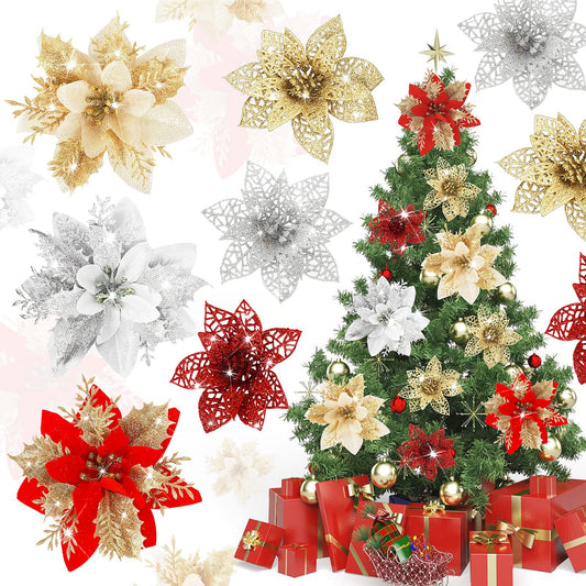 Sibba 12 PCS Christmas Poinsettia Artificial Flower for Xmas Tree Ornament Glitter Poinsettia Faux Flowers New Year Home Outdoor Decoration Holiday Party Wedding Birthday Wreath Garland 3.9/5.5inch
