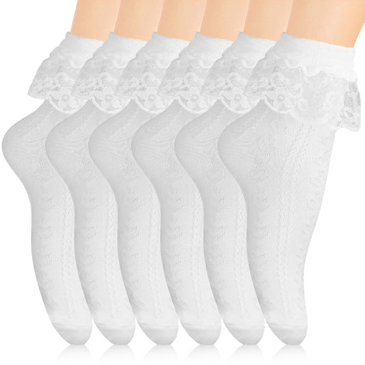 COMNICO Women Frilly Socks, Ruffle Turn Cuff Sock White Ankle Socks Lovely Lace Edge Relent Cotton Soft Casual Crew Socks for Women