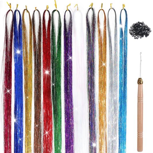 Dimeho 12 Colors Glitter Tinsel Hair Extension Hair Tinsel Kit with Tools Heat Resistant Holographic Hair Tinsel Fairy Hair Accessories for Women Girls Christmas Year Halloween Cosplay