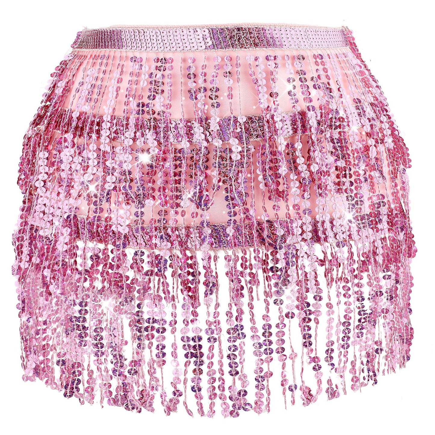 Sibba Skirt Sequin Tassel 1 PC Sparkly Belly Dance Waist Hip Scarf Carnival Costume 3 Layers Sequined Fringed Wrap Glitter Metallic Rave Christmas Party Shorts Girls (Pink)