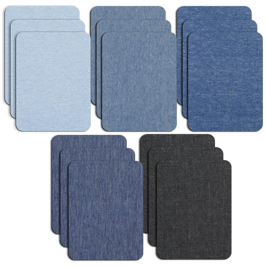 COMNICO Patches for Jeans, 15 PCS Iron on Patches for Clothing 5 Shades Denim Patches Sew on Jean Patches Repair Kit for Clothing Repair, Mending Pants Pockets Holes Knees Elbow