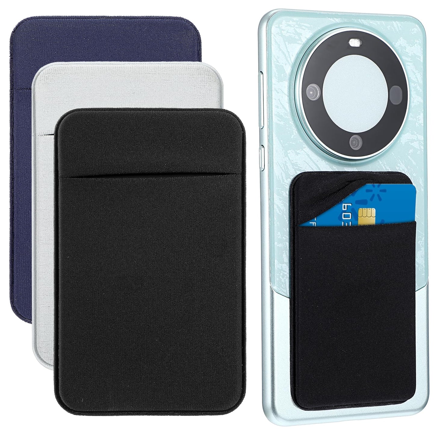 Dimeho 3 Pack Adhesive Phone Wallet Phone Card Holder Stick On Card Holder for Phone Case Credit Card Holder for Back of Phone Compatible with Most of Cell Phone (Black+Blue+Gray)