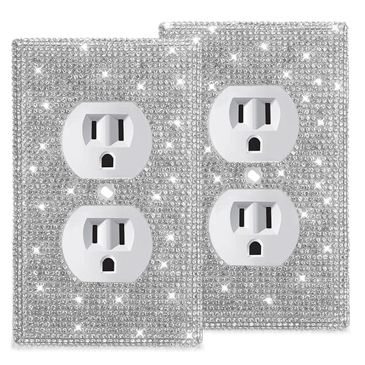 2Pcs Rhinestones Wall Plate Cover Shiny Silver Outlet Covers Bling Rhinestones Light Switch Cover Glitter Double Outlet Wall Plate for Women Girls Receptacle Bedroom Bathroom Kitchen Decorations