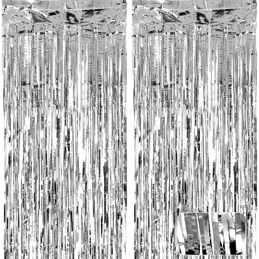 COMNICO 2pcs Glitter Fringe Curtain Backdrop Gold Tinsel Foil Metallic Streamers Party Decorations for Birthday Wedding Graduation Christmas Halloween Disco (1x2m)(Silver)
