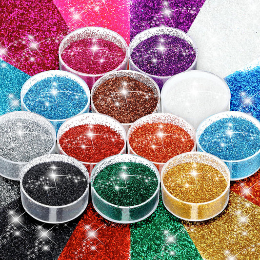 Sibba 12 Colors Glitters, Colorful Glitter Set for Nail, Iridescent Nail Art Fine Glitter, 12 Jars 5G Each Glitter Set, Body & Face Glitter for Festival, Makeup, Halloween (Ordinary Gold Glitter)