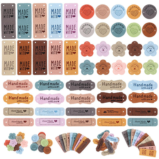 Wanmu 50 Pcs Custom Labels for Crochet and Knits Projects, Handmade Tags Made with Love, Personalized Faux Leather Tags, Cute Label Handmade Items with Hole for DIY Hat Jeans Bags Shoes Crafts