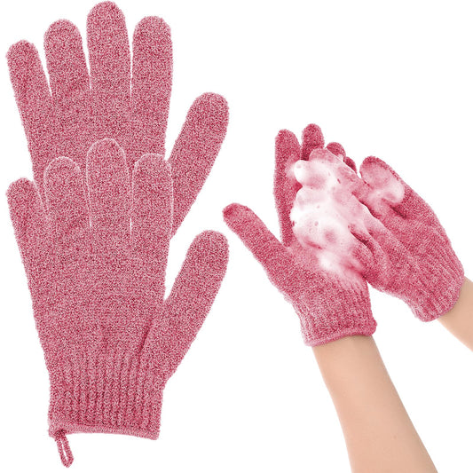 Sibba Exfoliating Gloves for Shower, Natural Loofah Bathing Gloves for Body and Face, Dead Skin Remover, Double Sided Microfibre Shower Body Gloves for Adults and Kids(Red)