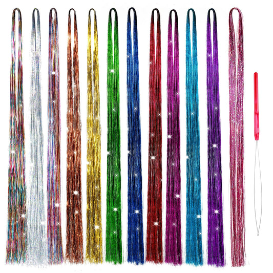 Sibba Hair Tinsel Kit 12 PCS Braiding Extensions Braids Heat Resistant Glitter Colorful Color Silver Gold Bling Sparkle Strings String Clip Tip Braid Wigs Fairy Christmas Party Girls Crochet Tool