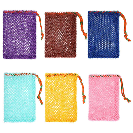 Wanmu Pack of 6 Soap Bags, Nylon Massage Soap Bags, Mesh Bag with Drawstring, Foam Nets Cleaning, Exfoliating Soap Bag, Hair Soap Foaming for Solid Soap
