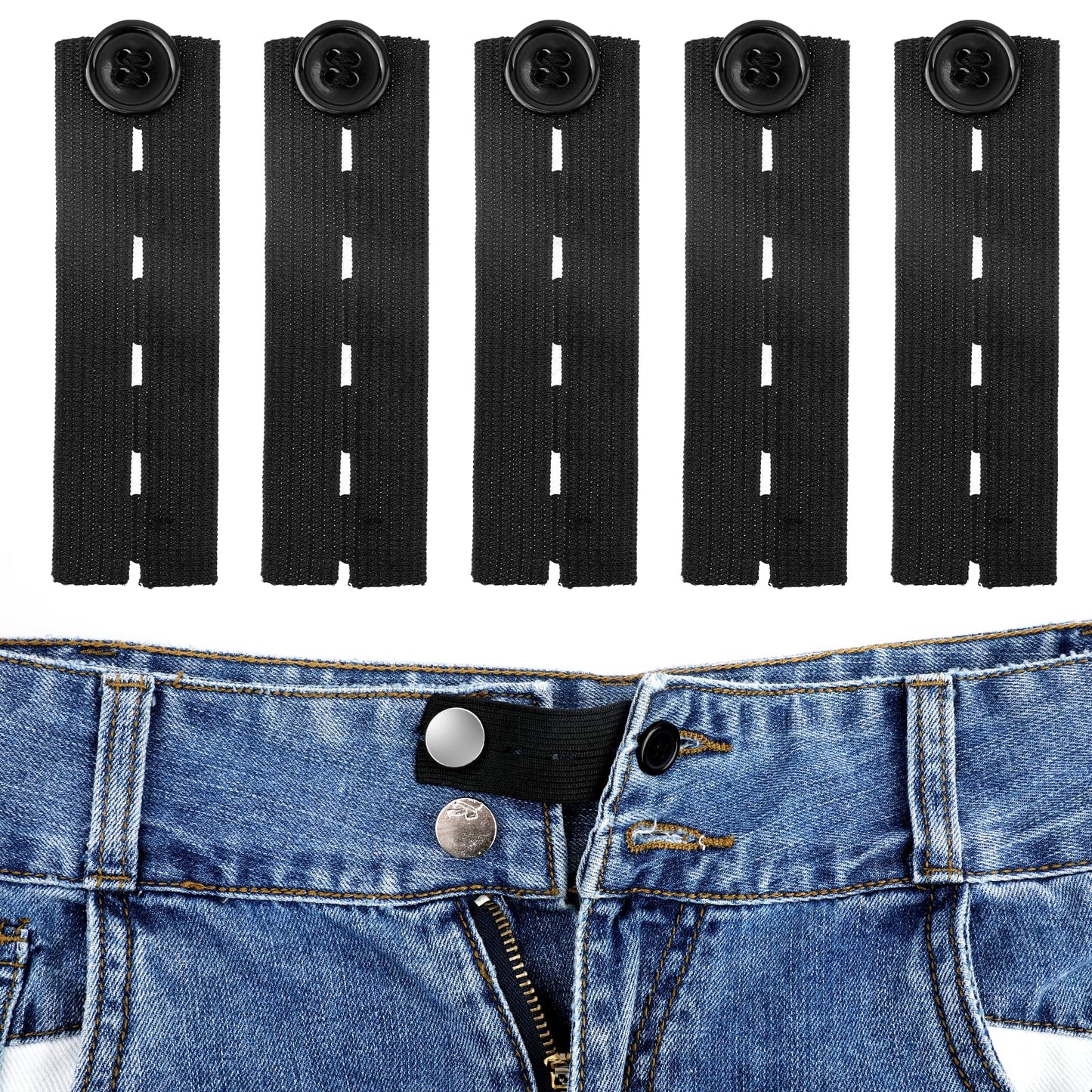 COMNICO 5pcs Waist Extender Button Elastic Comfy Adjustable Waistband Expanders for Men and Women Jeans Pants Skirt Dress Trousers (Black)