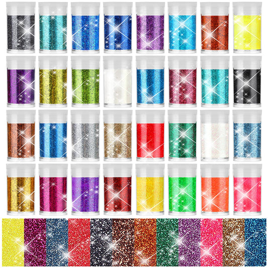 Sibba 32 Colors Fine Glitte Holographic Chunky Glitter Set Sparkly Fine Glitter for Crafting Extra Fine Glitter Powder for DIY Art Crafts Tumbler Eye Hair Makeup Cards Jewelry Making Painting
