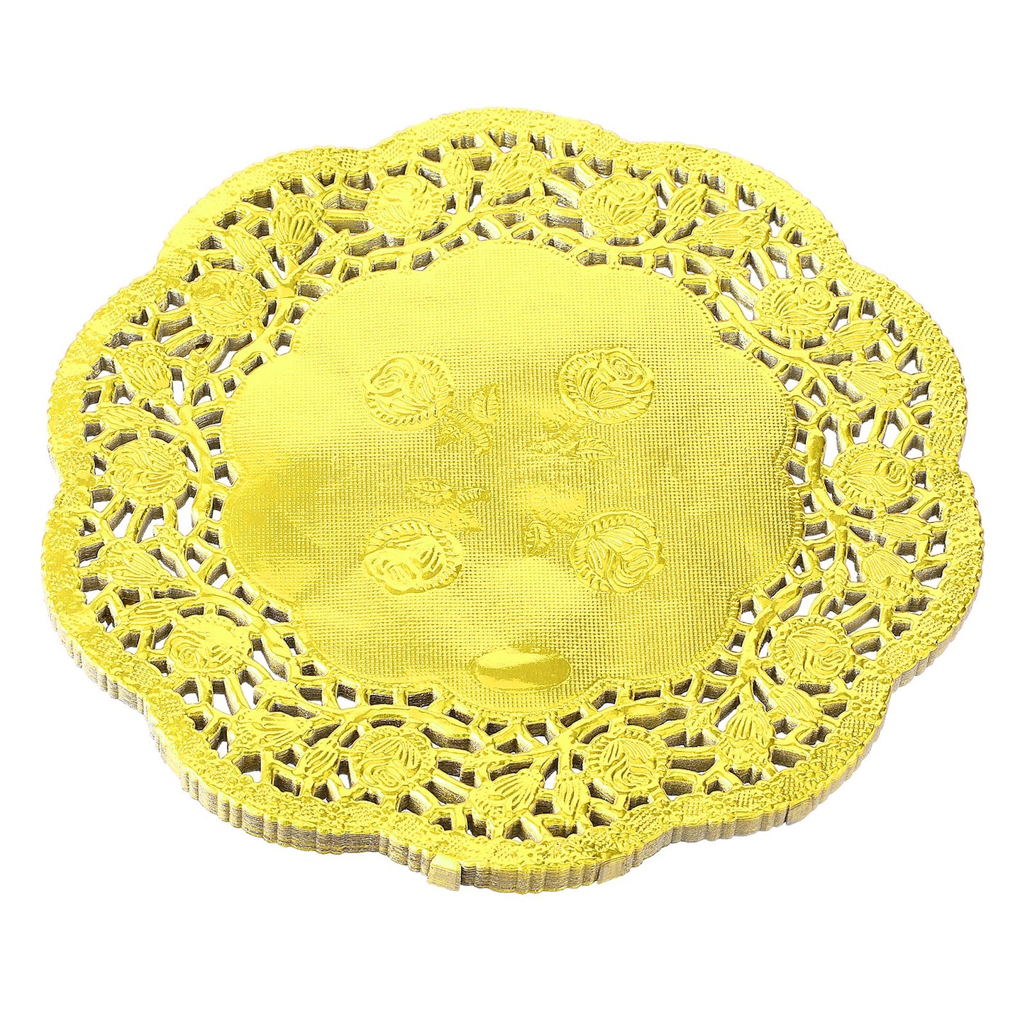 COMNICO Paper Doilies, 100 Pcs Round Rose Lace Disposable Paper Placemats Gold Doily Pad Tableware Food Decoration for Cakes Crafts Weddings Party (6.5 inches)
