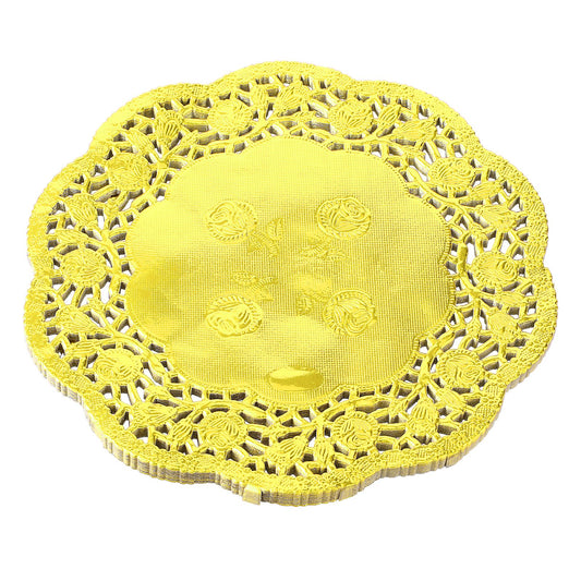 COMNICO Paper Doilies, 100 Pcs Round Rose Lace Disposable Paper Placemats Gold Doily Pad Tableware Food Decoration for Cakes Crafts Weddings Party (6.5 inches)