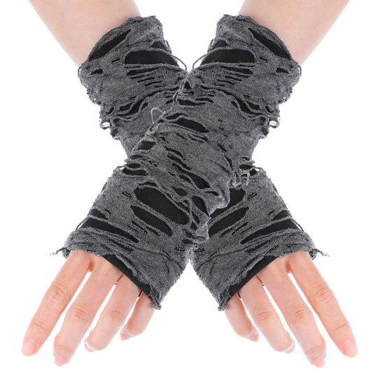 Dimeho 1 Pair Women's Punk Fingerless Glove Ripped Gothic Half Finger Gloves Cosplay Old Mittens for Halloween Costume Party Men Women