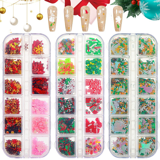 Sibba 3 Box 3D Christmas Nail Art Sequins, 36 Grids Christmas Nail Glitter Holographic Snowflakes Tree Socks Flake Sequins Star Laser for Women Girls DIY Design Face Body Makeup Decorations