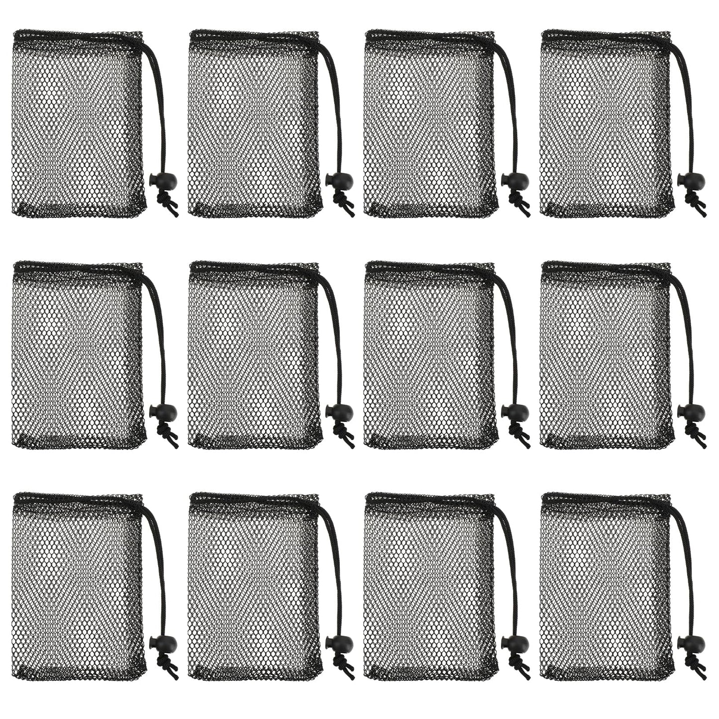 COMNICO Small Mesh Bags, 12Pcs Nylon Storage Bags for Washing Machine Black Mesh Drawstring Bag Portable Travel Stuff Bags with Sliding Drawstring for Travel Sports Storage Toy Outdoor Activities
