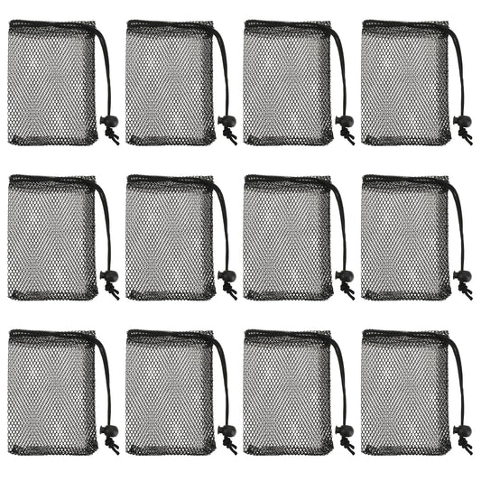 COMNICO Small Mesh Bags, 12Pcs Nylon Storage Bags for Washing Machine Black Mesh Drawstring Bag Portable Travel Stuff Bags with Sliding Drawstring for Travel Sports Storage Toy Outdoor Activities