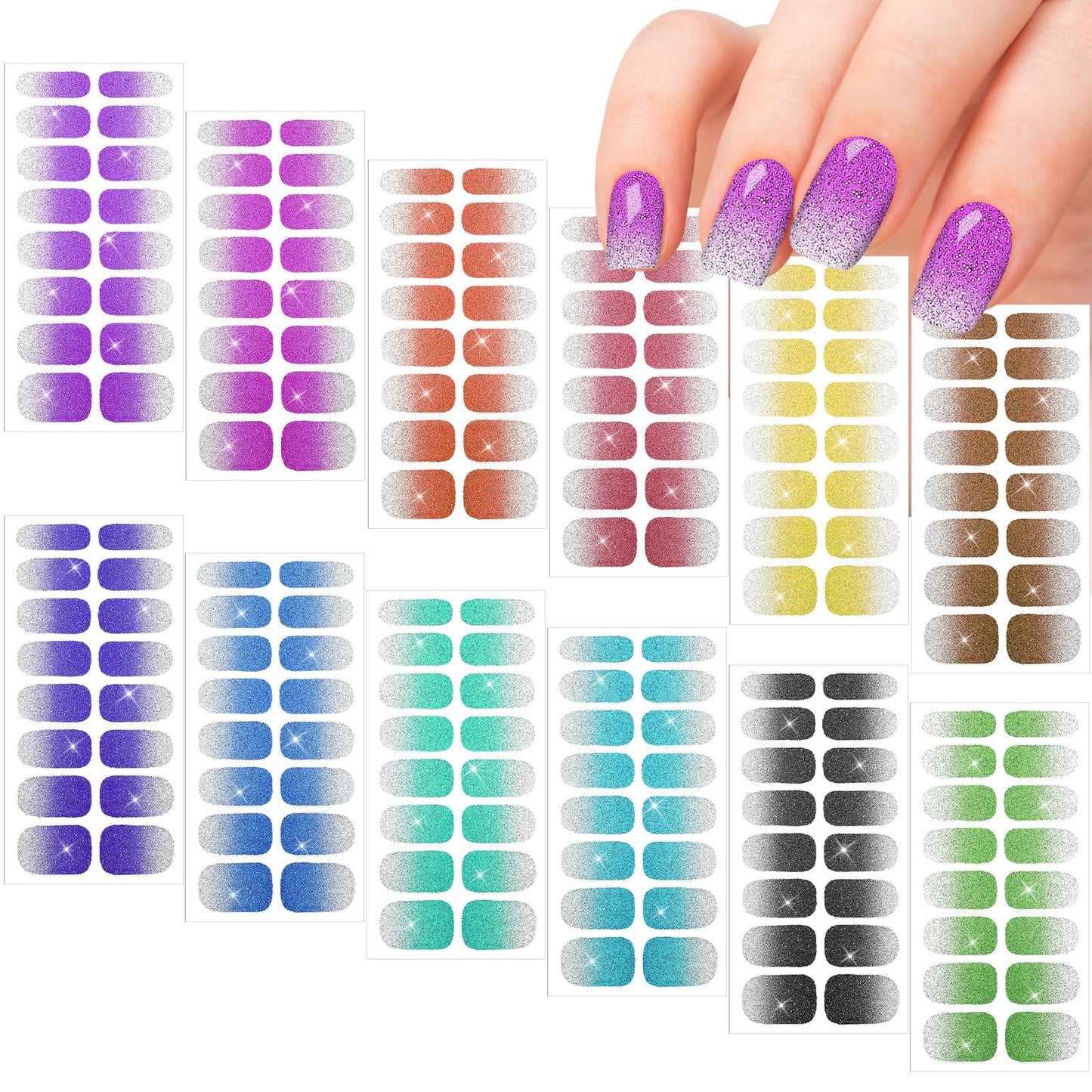 12 Sheets Glitter Nail Wraps, Nail Polish Strips Stickers, Shine Full Wrap Nail Polish Decals, Self-Adhesive Nail Art Decals Strips Manicure Kits Nail Art Designs for Women Girls(Gradient)