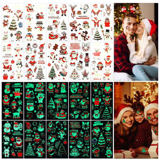 Sibba 107PCS Christmas Decor Temporary Tattoo for Adults Kids, Waterproof Luminous Glow In Dark Tattoo Sticker Mixed Style Cartoon Tattoo Santa Elk Snowman Fake Tattoo Stickers for Xmas Party Supplies