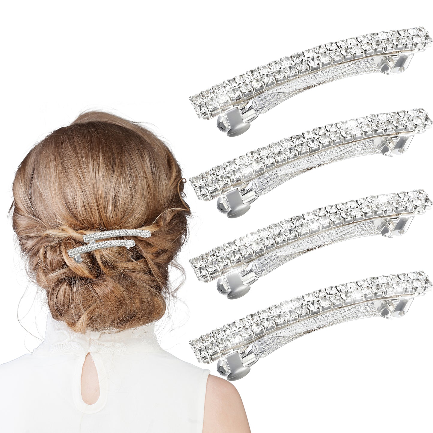 Wanmu 4Pcs Rhinestone Hair Clips, Small Sparkly Metal Silver Barrettes for Women, Fancy Spring Snap Hair Clip, Hair Accessories for Prom Bridal Wedding - Thick Thin Hair