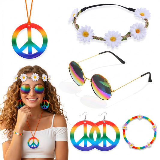 Wanmu 5Pcs 60s 70s Accessories for Women Hippie Costume Accessories Set Round Hippie Glasses Daisy Flower Headband Peace Sign Necklace & Earrings Rainbow Bracelet for Groovy Carnival Party