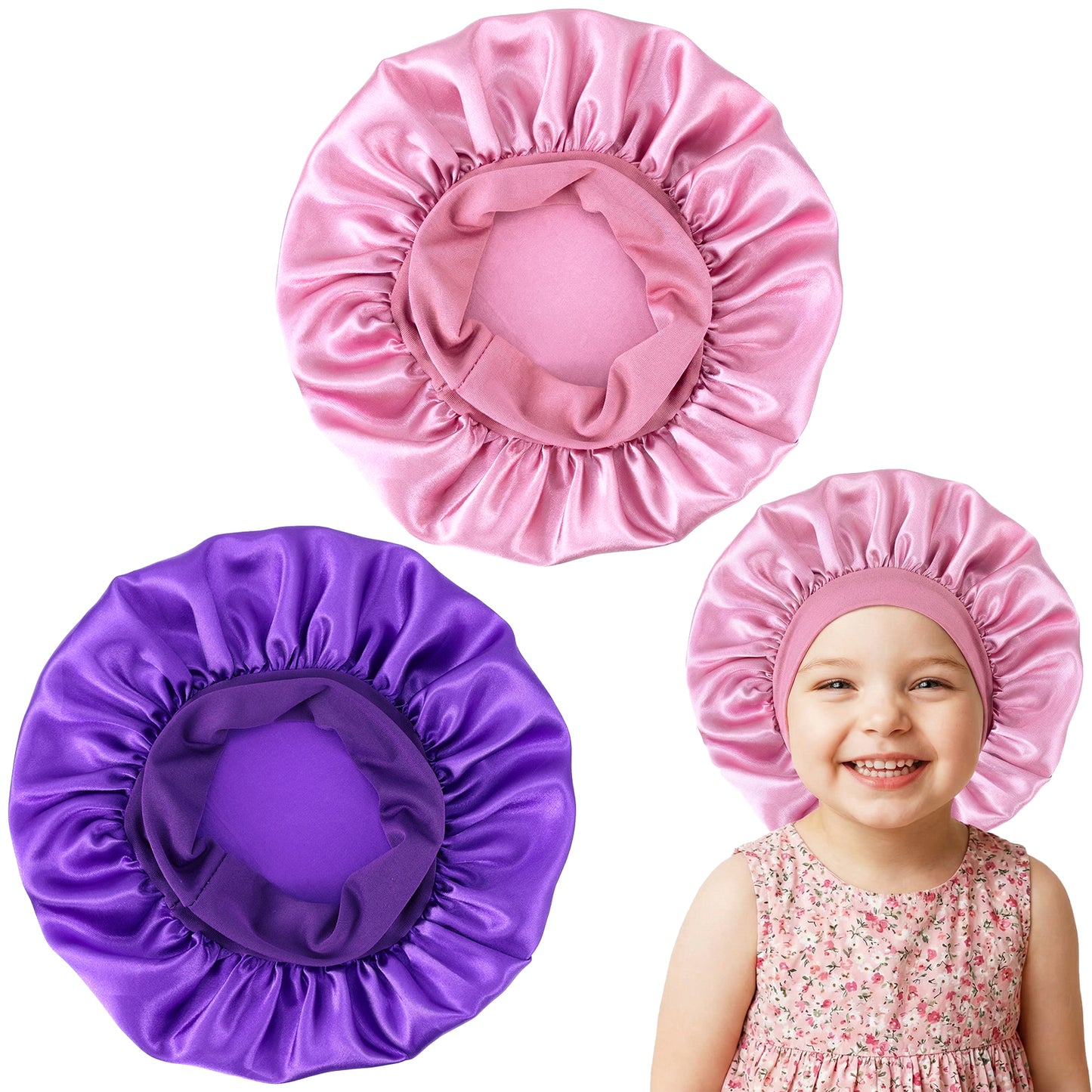 Wanmu 2 PCS Silk Satin Bonnet for Kids Sleeping, Elastic Wide Band Baby Bonnet for Natural Curly Hair, Sleeping Cap for Infant Teens Toddler Child Boys and Girls (Purple, Pink)