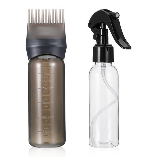 Continuous Spray Bottle and Root Comb Applicator Bottle Set, Hair Oil Applicator for Hair Dye Bottle Applicator Brush with Graduated Scale, Applicator Comb Hairdressing Coloring Styling Tool(Black)