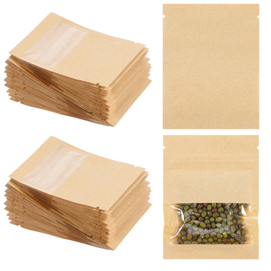100 Pcs Small Resealable Seed Envelopes with Clear Window 2.7"x3.5" Brown Kraft Paper Packet Mini Zip Lock Kraft Bag Small Coffee Sample Bags Food Storage Bags for Flower Vegetable Seeds Pet Food