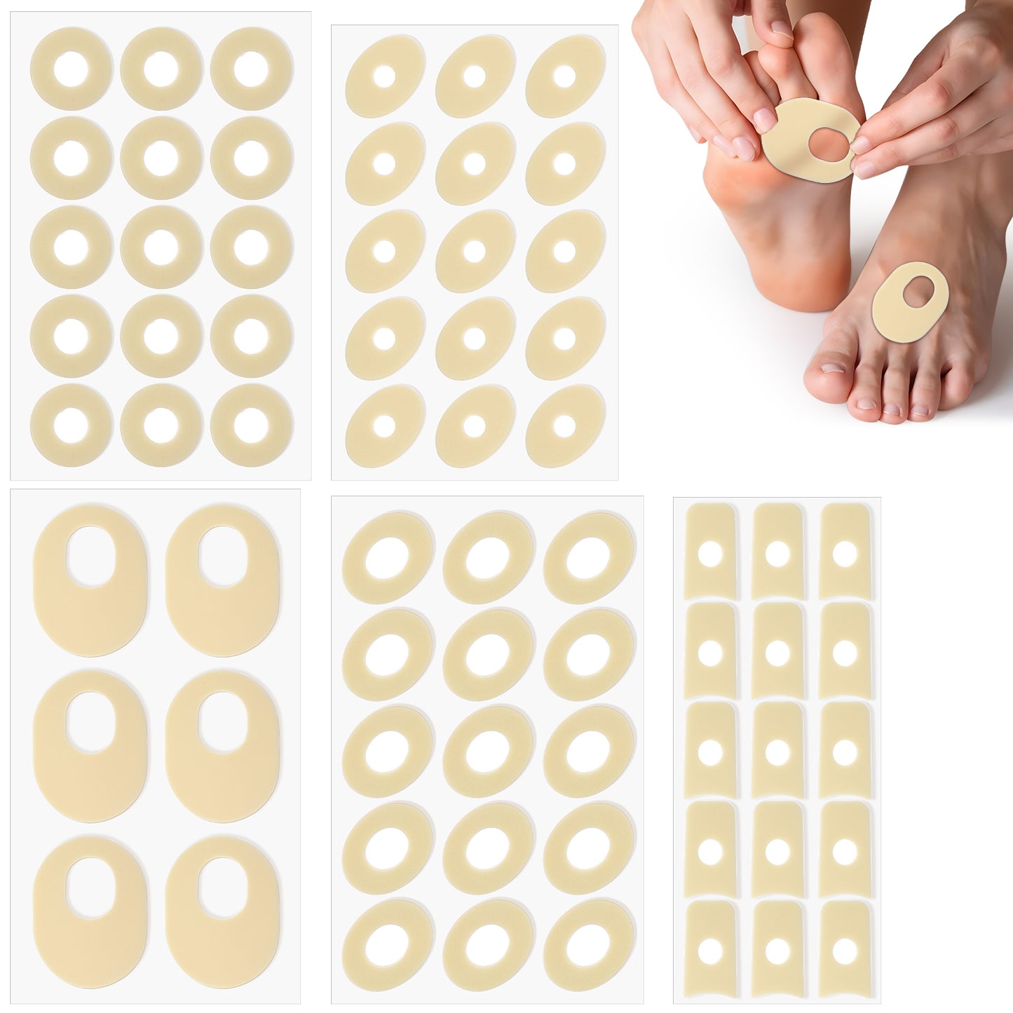 Dimeho 66 Pcs Corn Cushions, Soft Latex Foam Callus Pads for Bottom of Feet Self Adhesive Callus Cushion Pads Foot Corn Pads for Men and Women Feet Toes Pain Relief, 5 Models (60 Pcs)