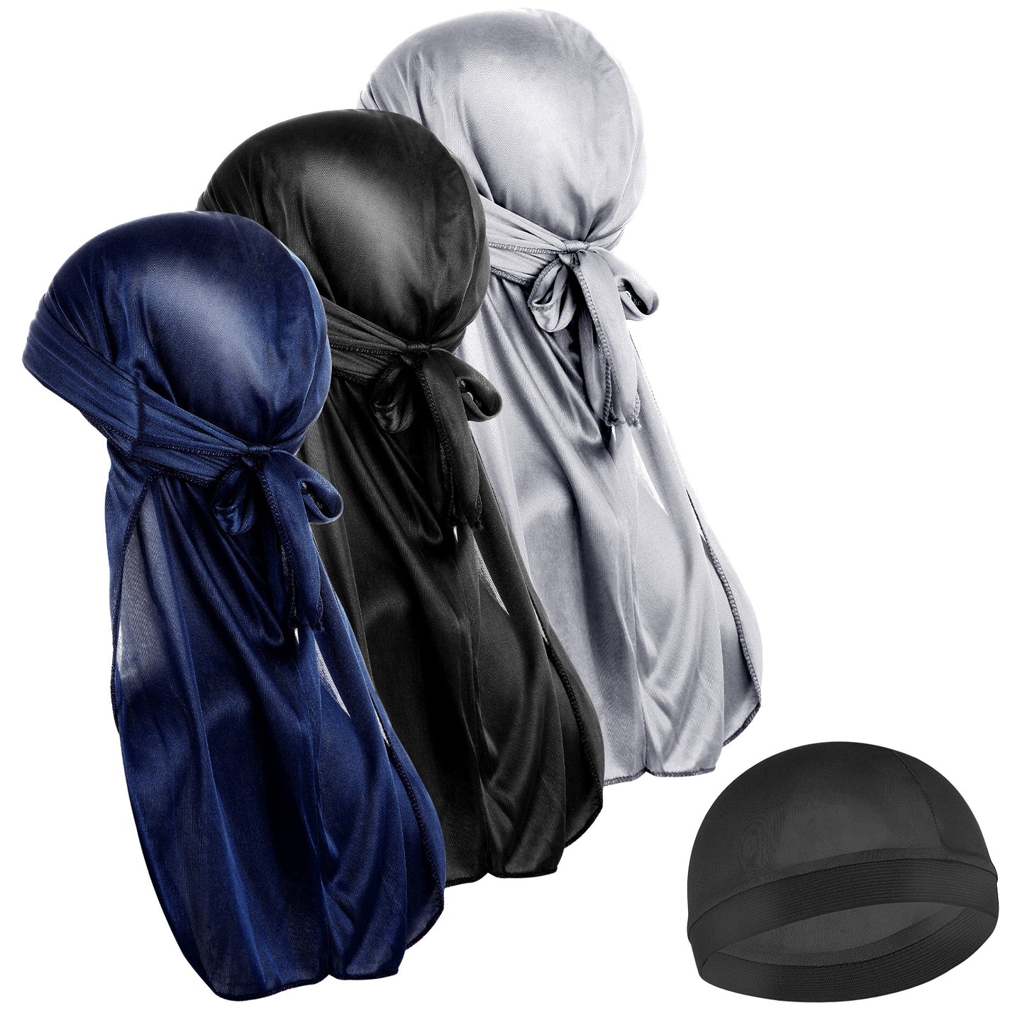 Silky Durags for Men Women, 3PCS 360 Waves with 1 Wave Cap Long Tailed Turban Headwear Elastic Durags Soft Breathable Stocking Wave Caps for Men Women Running Fitness Cycling Hiking Camping(Silver)